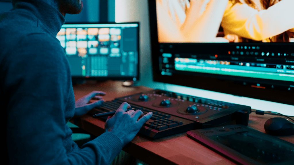 a person is working on a computer in front of a computer monitor