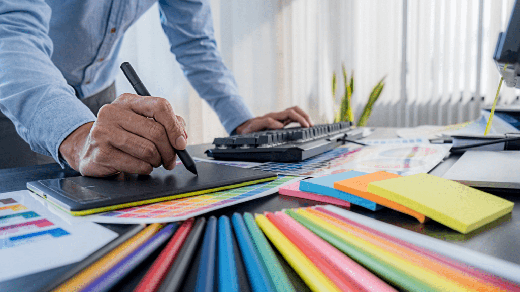 a person is working on a computer with a pen and paper in front of them